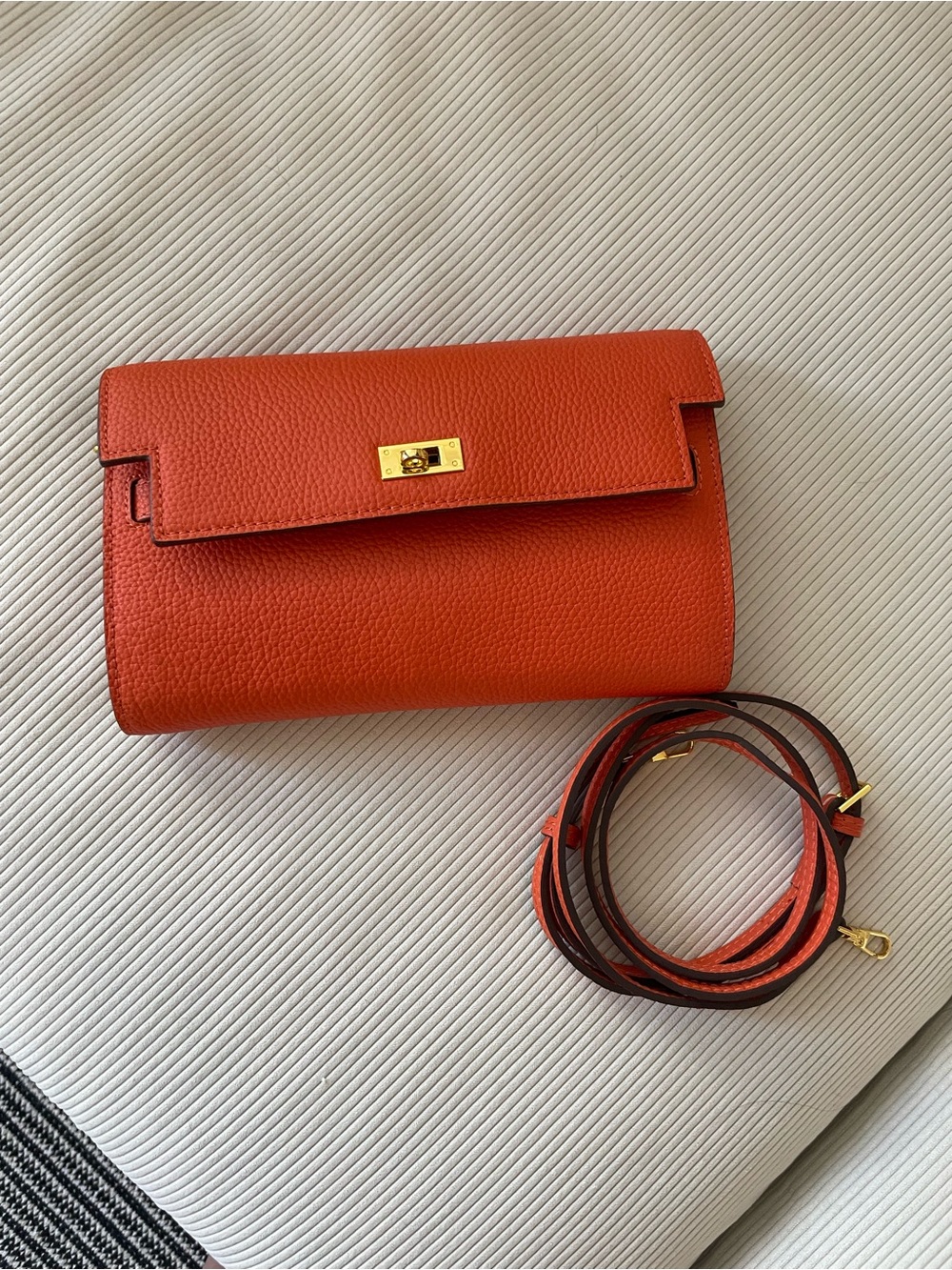 Orange Textured Leather Crossbody with Gold Hermes Hardware